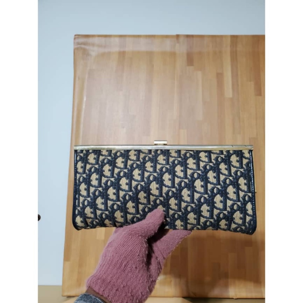 Authentic CHRISTIAN DIOR Vintage Blue Logo Tapestry Canvas Clutch Purse - Picture 7 of 10
